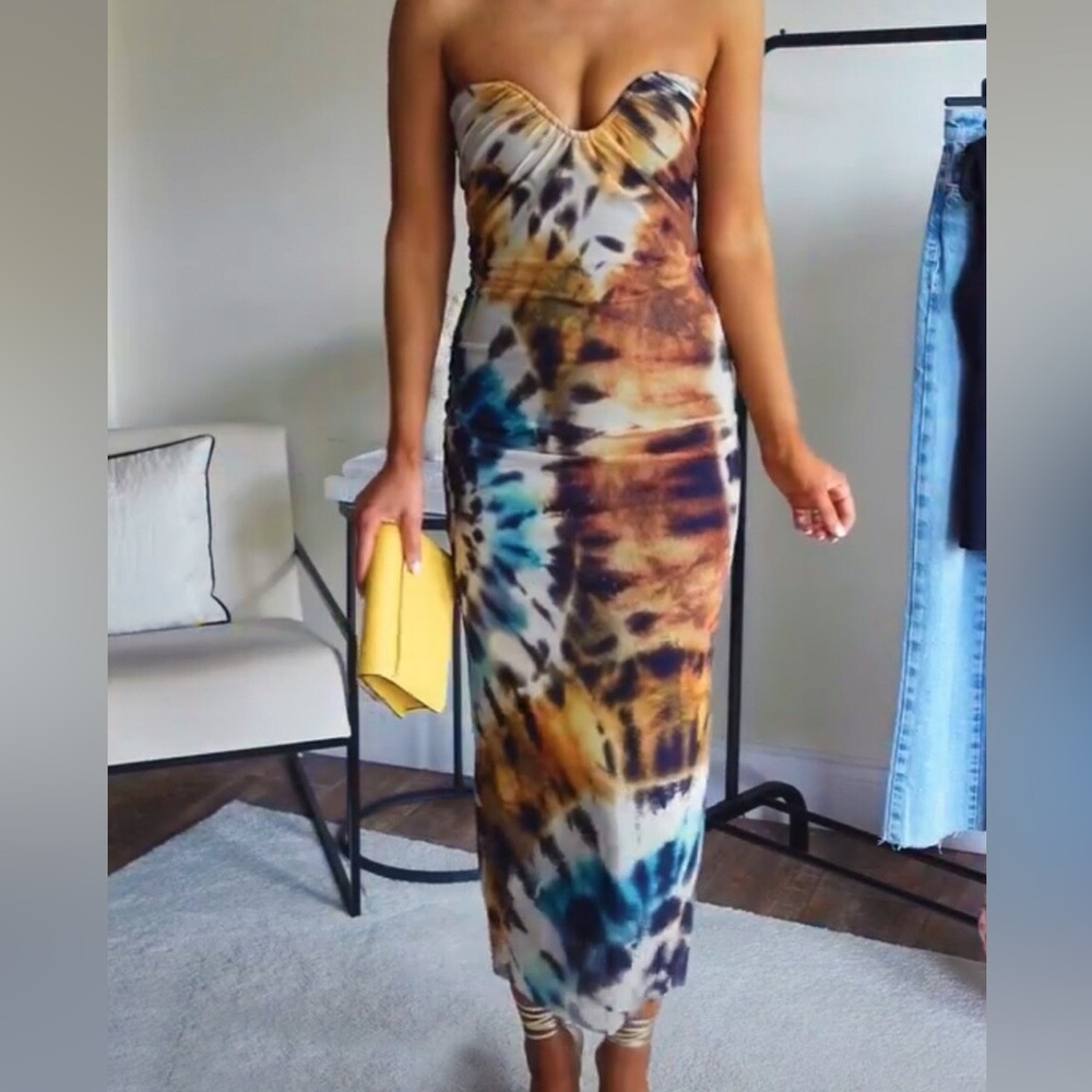 Zara Strapless Tie-Dye Midi Dress in Yellow, Blue & Brown